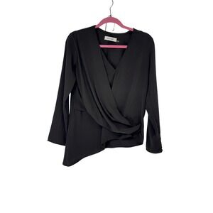 DO+BE Women's Black Long Sleeve Wrap Blouse Asymmetrical Hem Modern Top